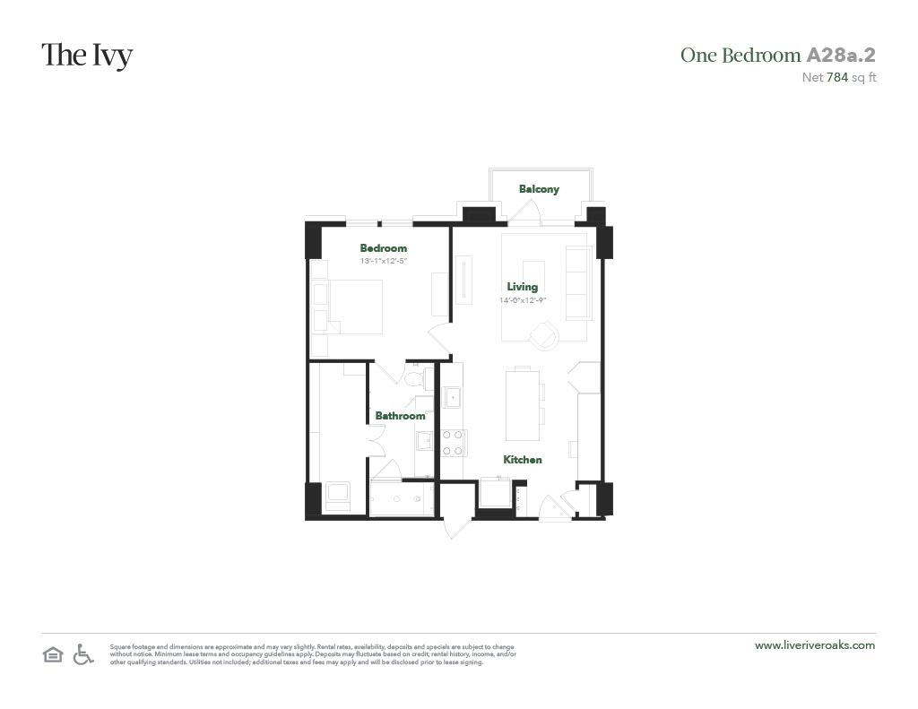 Floor plan for 1 bed, 1 bath, 784 sqft